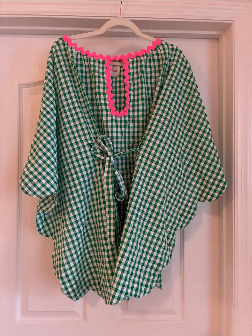 Sundress Paris Gingham Poncho Dress Pink Ric Rac Scalloped Hem Preppy Boho OS - Picture 5 of 8